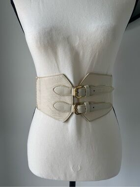 Wide Cream Leather Double-Buckle Waist Belt with Gold Buckles